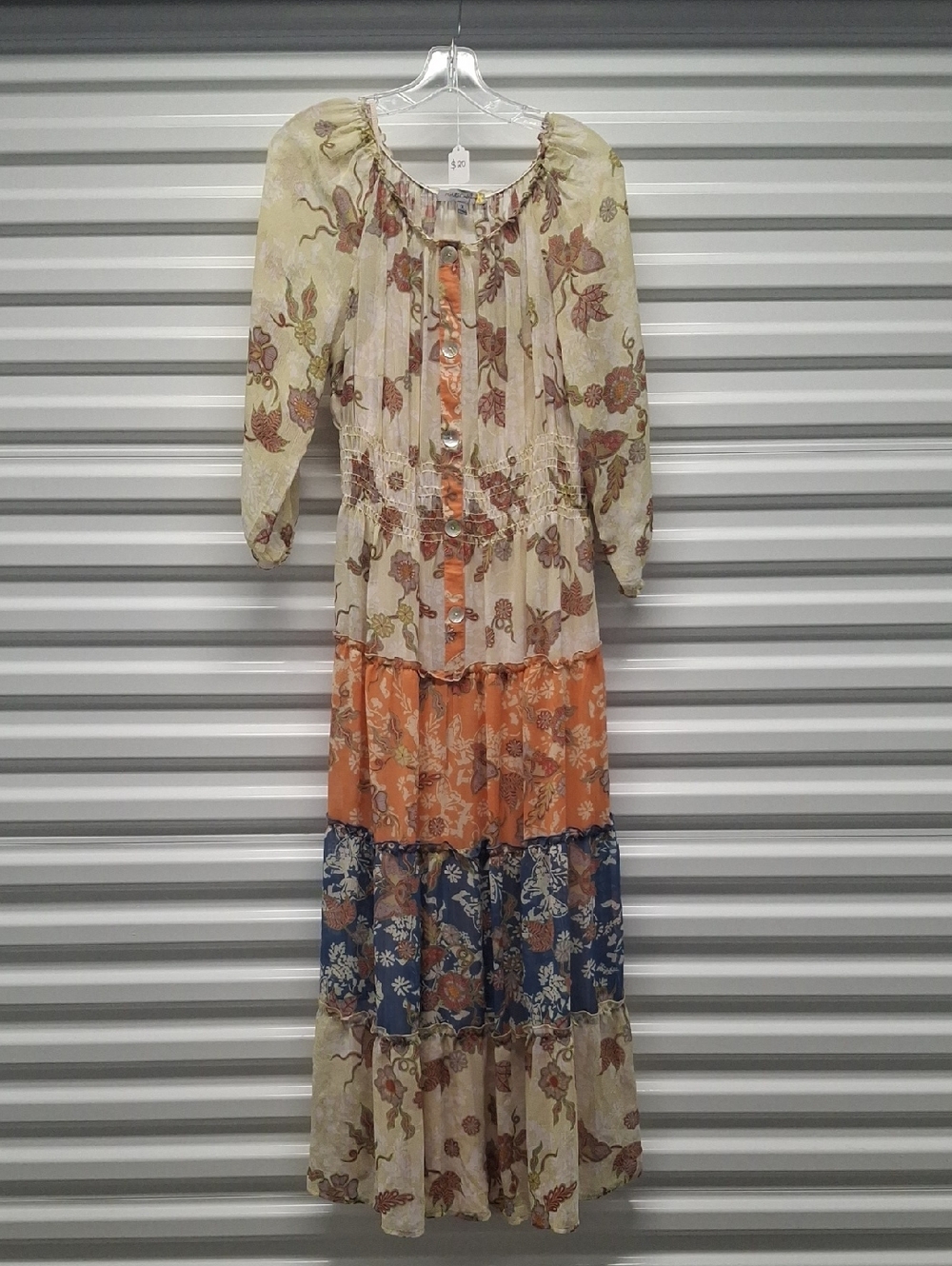 Boho Floral Tiered Maxi Dress in Cream, Orange & Blue